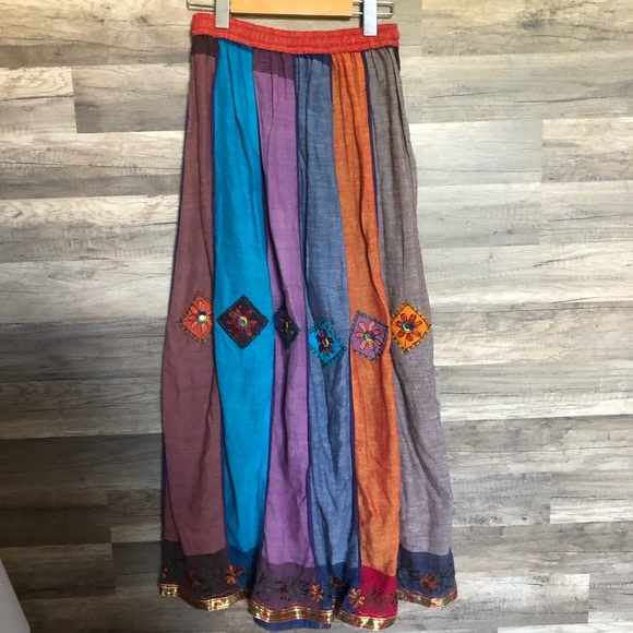 Boho Floral Patchwork Handmade Embroidered in Nepal Cotton  Maxi Skirt S-M - Picture 8 of 10